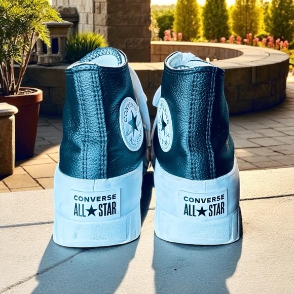 Converse All Star Black and White High-Top Platform Sneakers, Leather Upper. - Picture 9 of 11